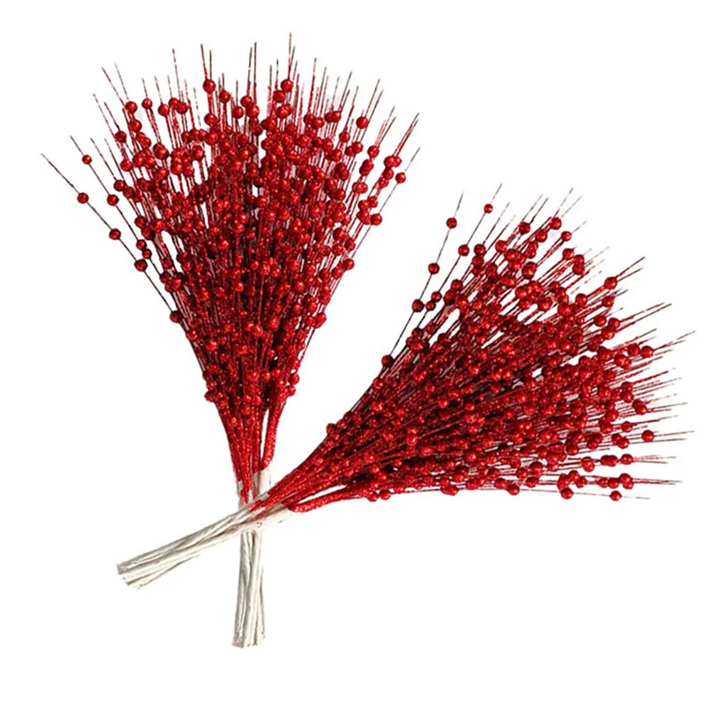 

1pc 12 Forks Glitter Berry Leave Christmas Tree Decoration Dried Branch Coral Golden Powder Flower Material New Year Party Decor