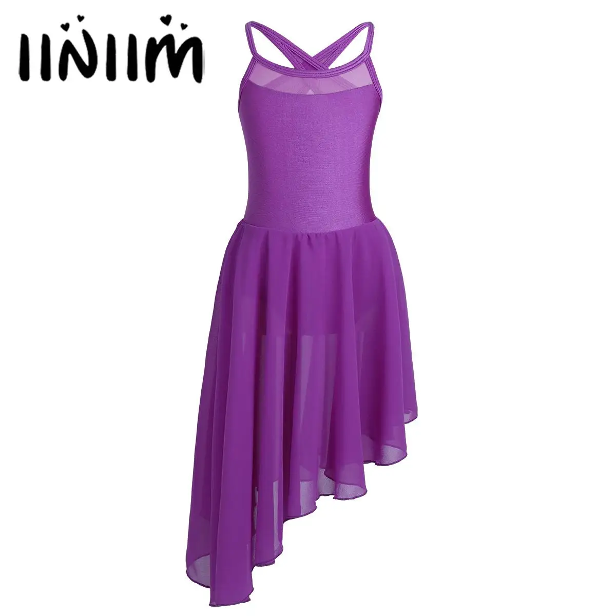 

Girls Gymnastics Dresses Costume for Ballet Dancing Mesh Splice Cutout Back Irregular Hem Kids Modern Lyrical Contemporary Dress