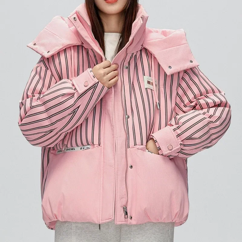 New Women White Duck Down Jacket Winter Coat Female Short Thickened Parkas Contrasting Colors Hooded Outwear Loose Warm Overcoat women s white duck down jacket winter coat female true fox fur collar hooded parkas loose long outwear warm thickened overcoat