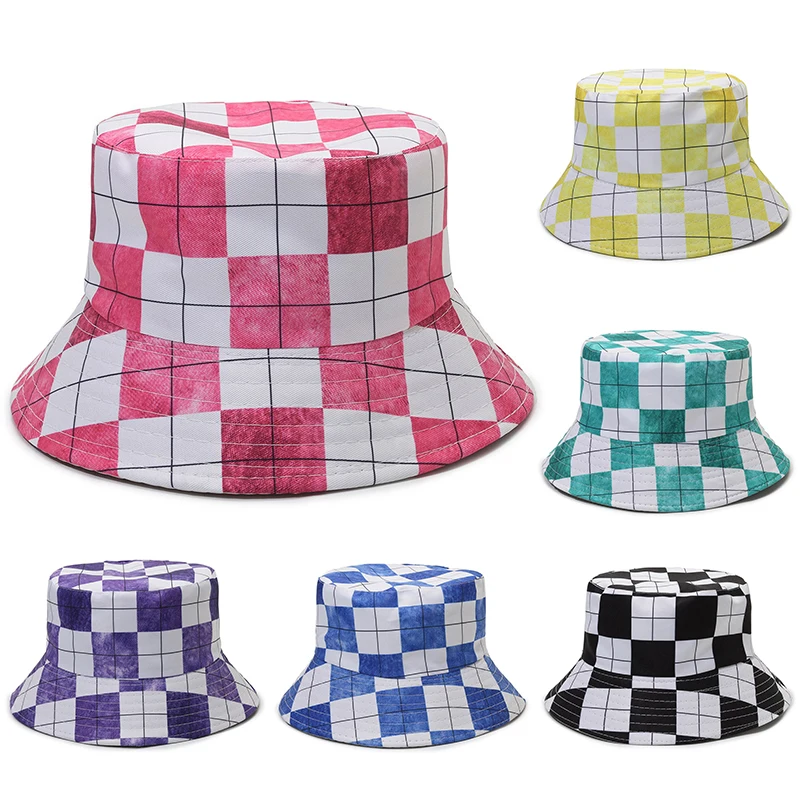 

Women Men Fishing Fisherman Hat Double sided Grid Pattern Outdoor Harajuku Bucket Hat Unisex Summer Panama Hat Hip Hop Cap