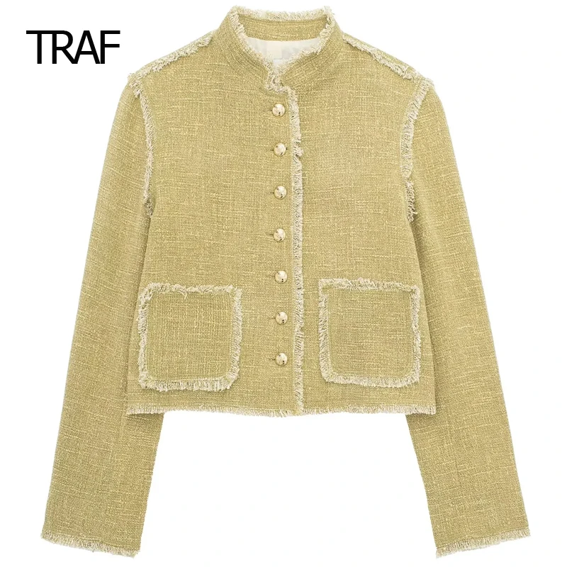 

TRAF Textured Frayed Coat Women's Coats Spring 2024 Cropped O-Neck Long Sleeves Top New In Outwears Luxury Designer Lady Coats