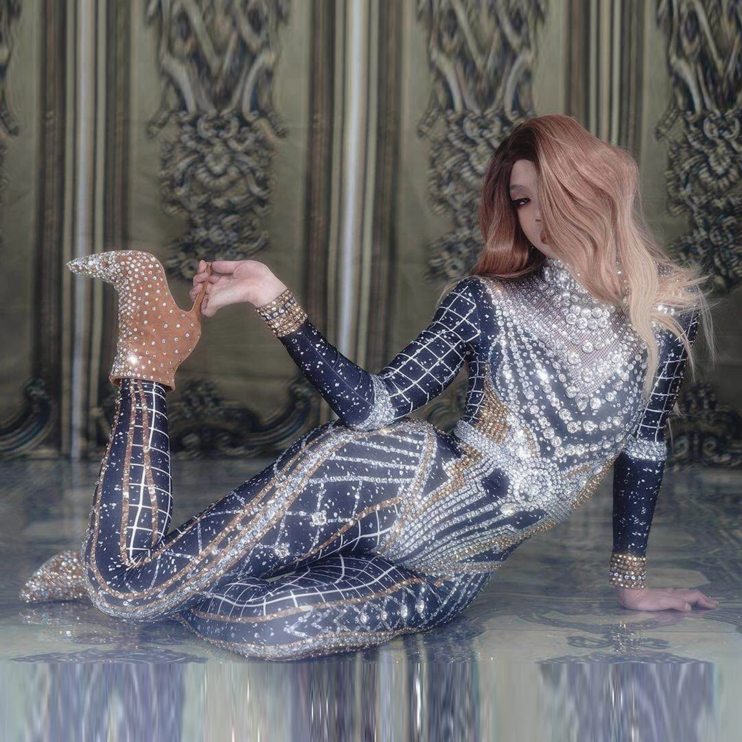 

Sexy Women's Flashing Glass Rhinestone Jumpsuit Trending Party Celebrate Prom Outfit Nightclub Singer Dancer Playsuit Costumes