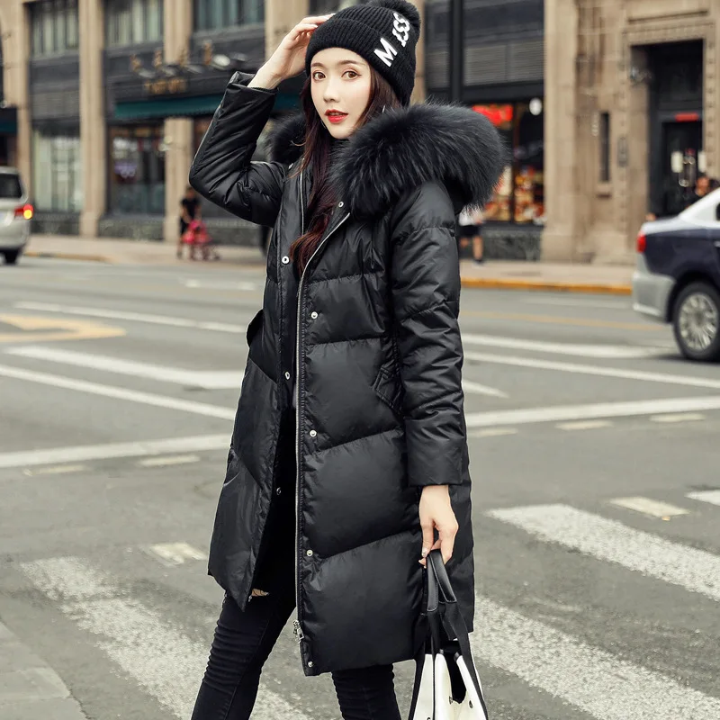 Women Hooded Down Jacket Medium Length Winter Thick Raccoon Fur Collar Black Red Coat