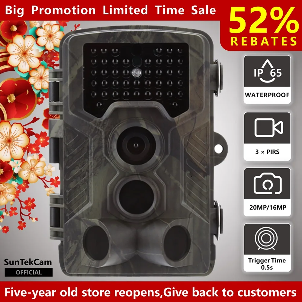 SunTekCam 20MP 3PIRs Hunting Trail Camera with Night Vision 42 IR LEDs IP65 Waterproof Wildlife Trap