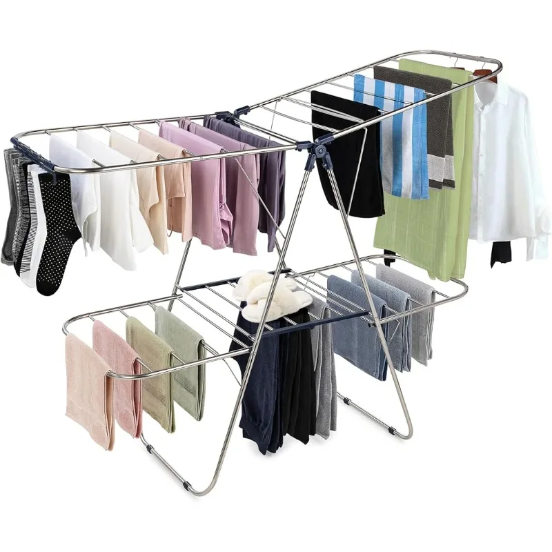 

Premium Clothes Drying Rack, Foldable 2-Level Stainless Steel Laundry Drying Rack, Free-Standing Large Drying Rack