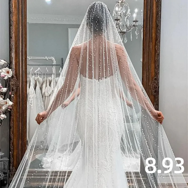 

MZA74 Secrets Pearls Bridal Veil Simple Beaded Wedding Veils Fingertip Length 1 Tier Soft Tulle with Comb Wedding Accessories