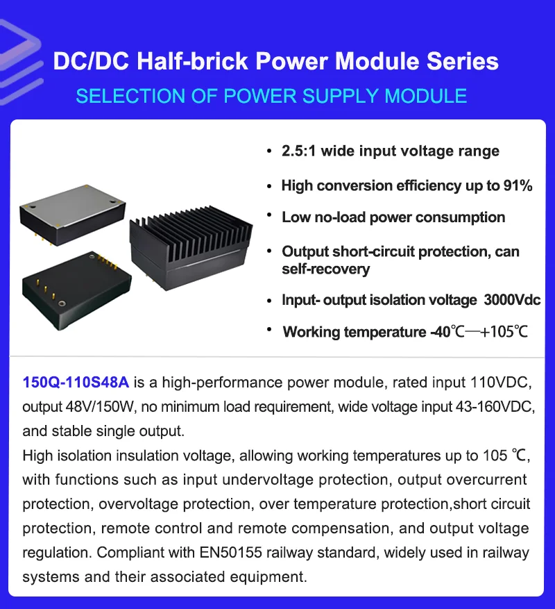 HLK-150Q-110S48 150W DC-DC 전원 모듈 66-160VDC 입력 48V 3.15A 3000V 절연 1/4 브릭 전원 공급 장치 2.5:1 와이드 입력