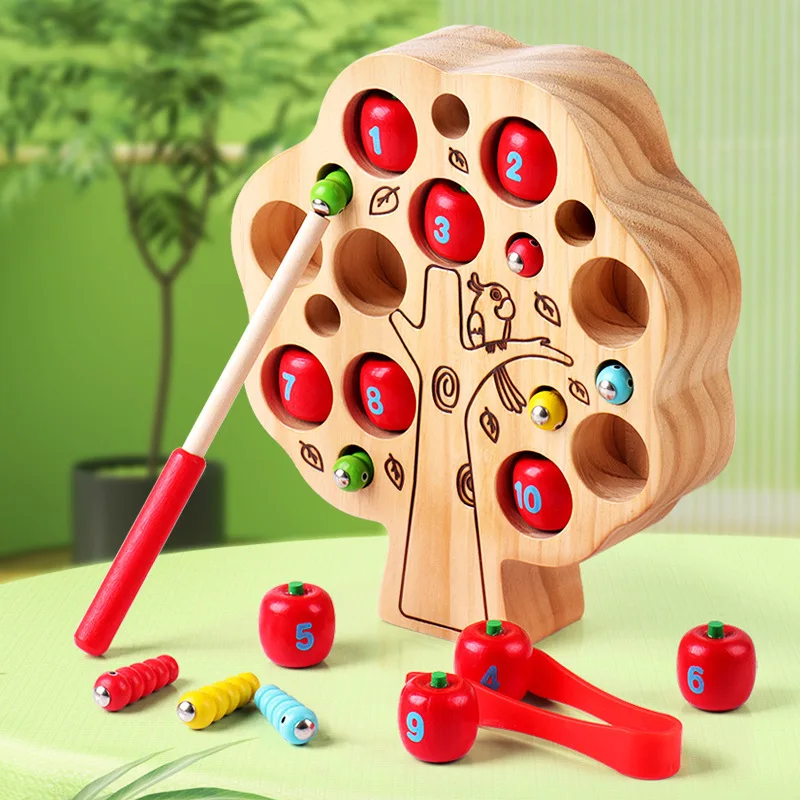 

Montessori Baby Toys Wooden 3d Puzzle Early Childhood Educational Toys Magnetic Apple Catch Worm Game Color Cognitive Gift