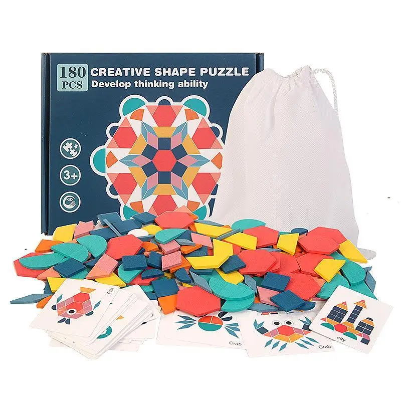 TongYueFun 180 Pcs Set Wooden 3D Puzzle Colorful Geometric Shape Tangram Jigsaw Kids Montessori Educational Toys Children Gifts