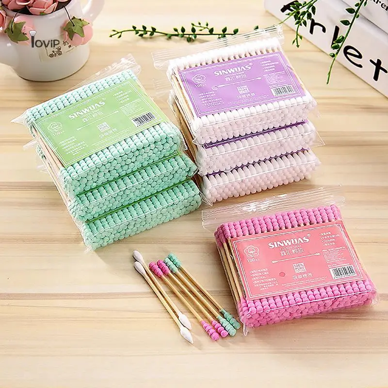 100pcs Pack Double Head Cotton Swab Women Makeup Cotton Buds Tip For Medical Wood Sticks Nose Ears Cleaning Health Care Tools 2