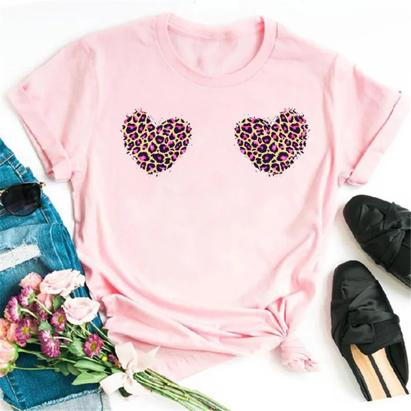 

Chest Leopard Heart Print Women T Shirt Short Sleeve O Neck Loose Women Tshirt Ladies Tee Shirt Tops Clothes Camisetas Mujer