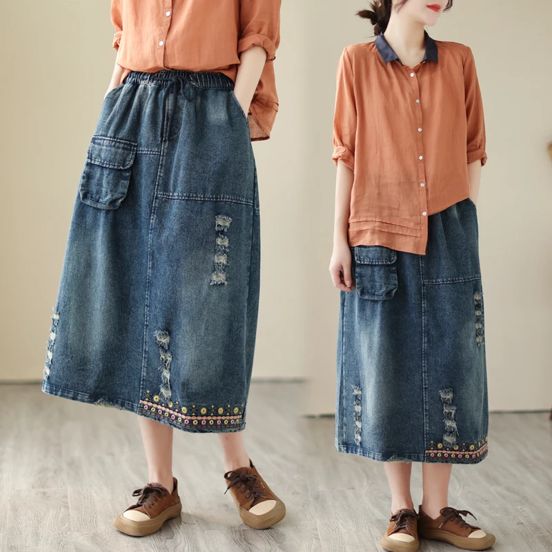 

Vintage Flowers Embroidery Women's Jeans Skirt With Hole Elastic Waist Streetwear Washed Ripped Denim Saias Longas Femme