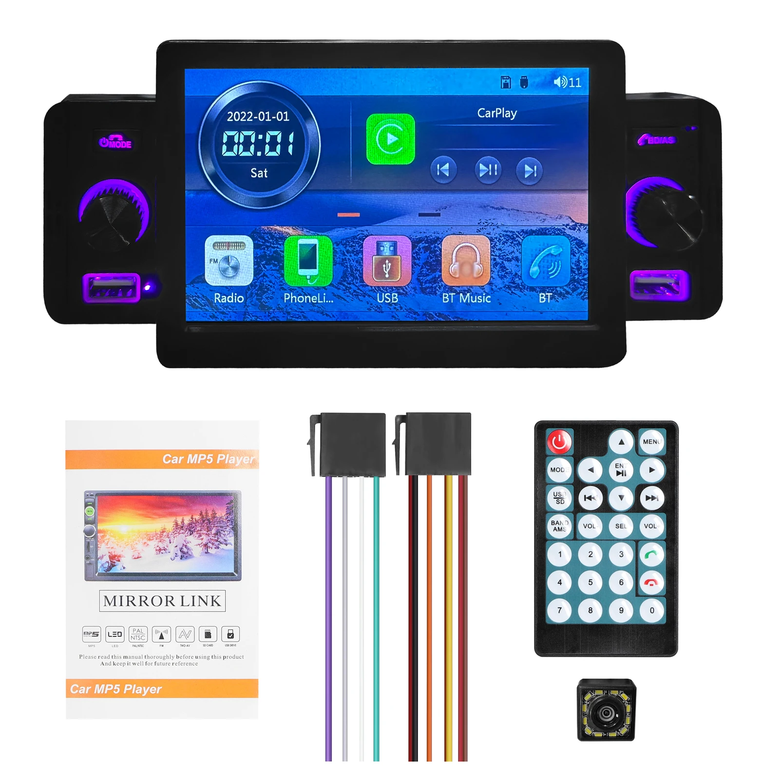 

5 Inch Car Stereo MP5 Player Single Din BT FM Radio Receiver Carplay Android Auto Support Hands-Free Calling USB Charge/Playback