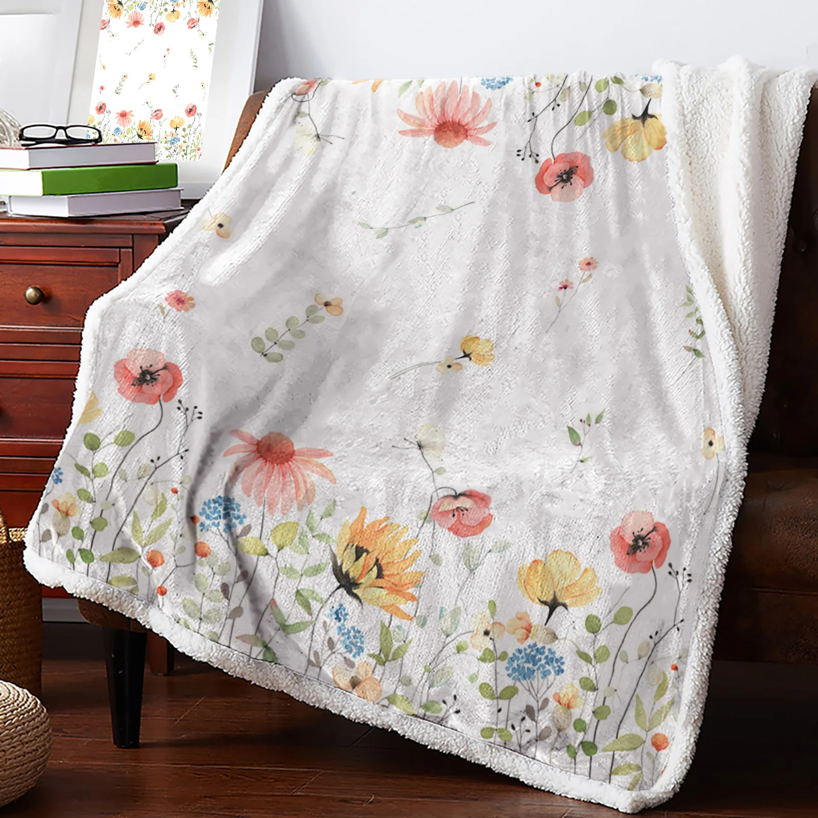

Spring Watercolor Flower Leaves Winter Warm Cashmere Blanket for Bed Wool Throw Blankets for Office Bedspread