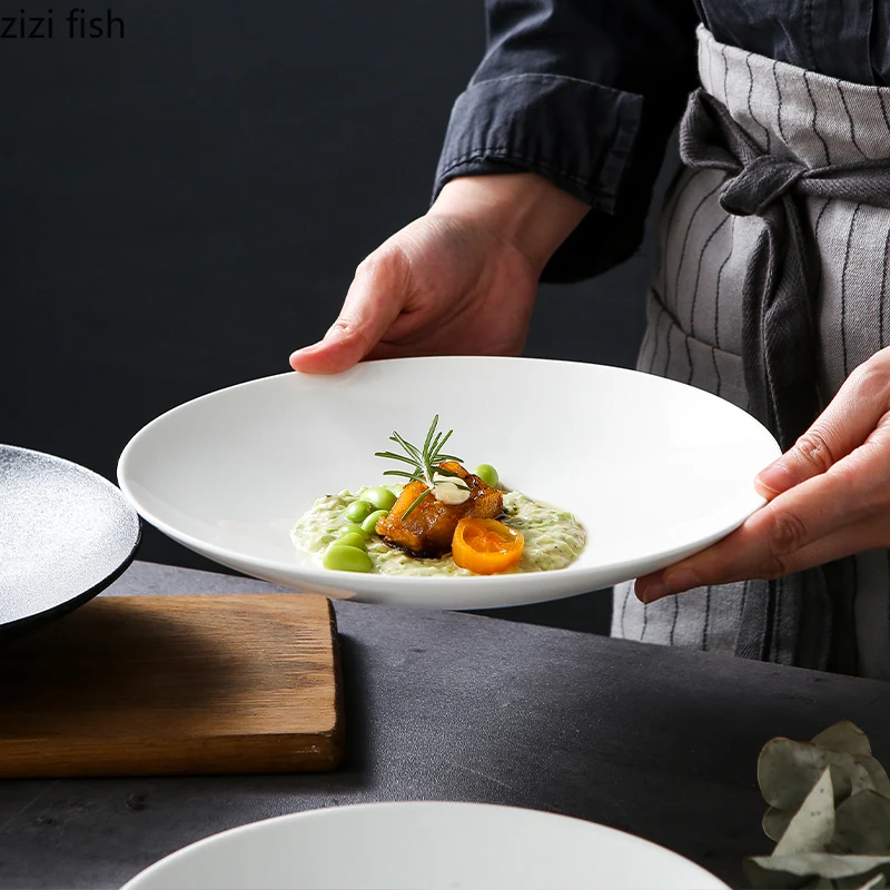 Simple Ceramic Dinner Plates Pasta Sushi Steak Plate Dessert Tray Creative Restaurant Round Solid Color Tableware Cooking Dishes
