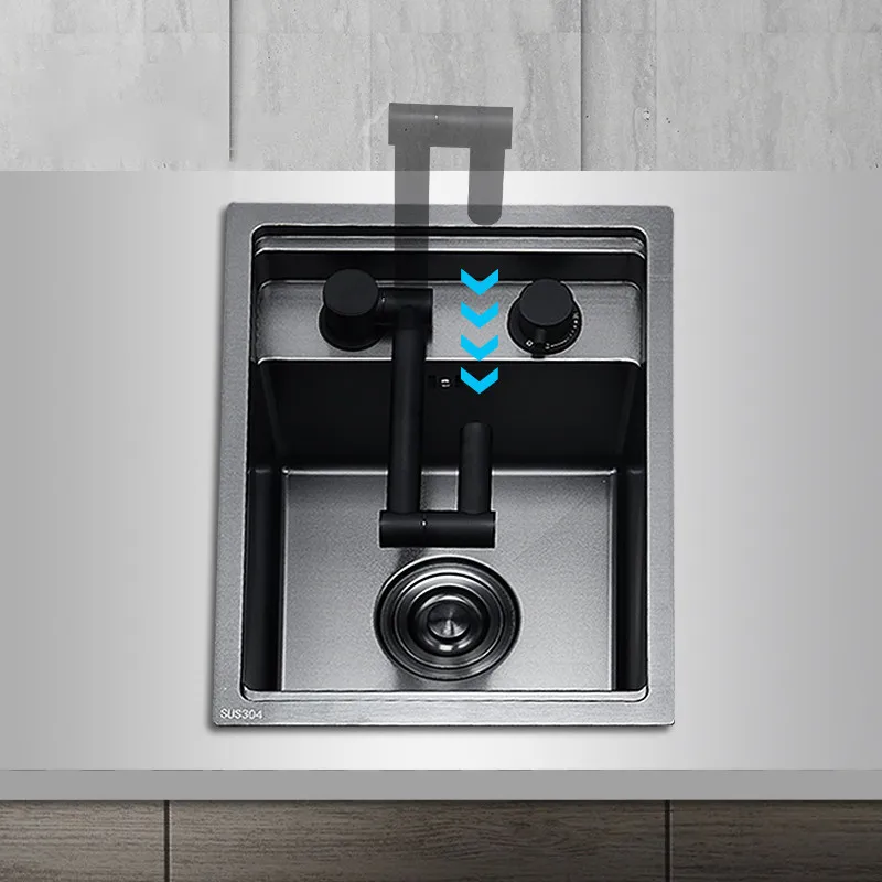 Black Hidden Kitchen Sink Handmade with Lid Single Bowl 304 Stainless Steel Folding Faucet 4mm