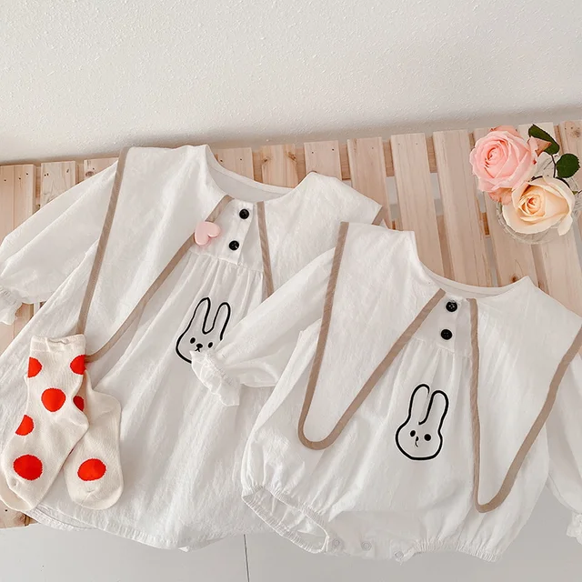 2022 Korean Style New Spring Baby Girl Bodysuit Turn-down Collar White Cartoon Rabbit Jumpsuit+Dress Children Clothes E102 4