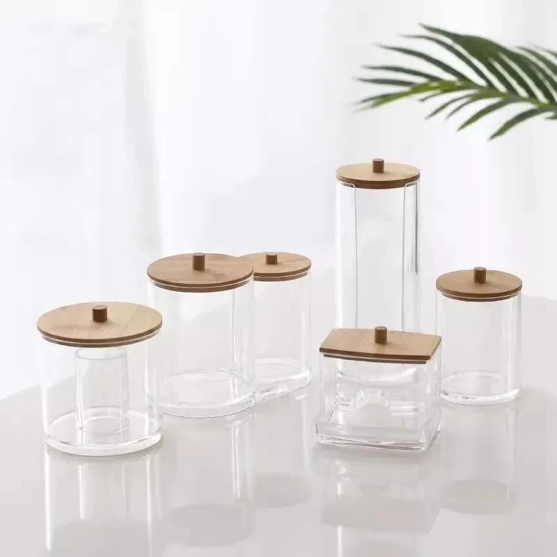Acrylic storage box bathroom basin makeup organizer circular cotton swab holder QTip dispenser with bamboo cover 5