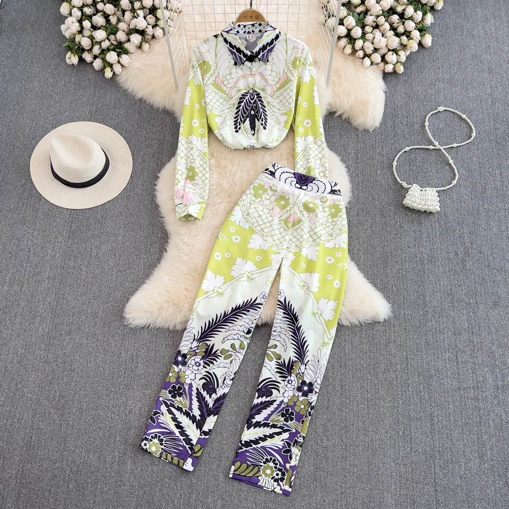 

Fashion Suits for Women in Europe and America Lapel Single-breasted Printed Shirt Two-piece Casual High Waist Long Pants