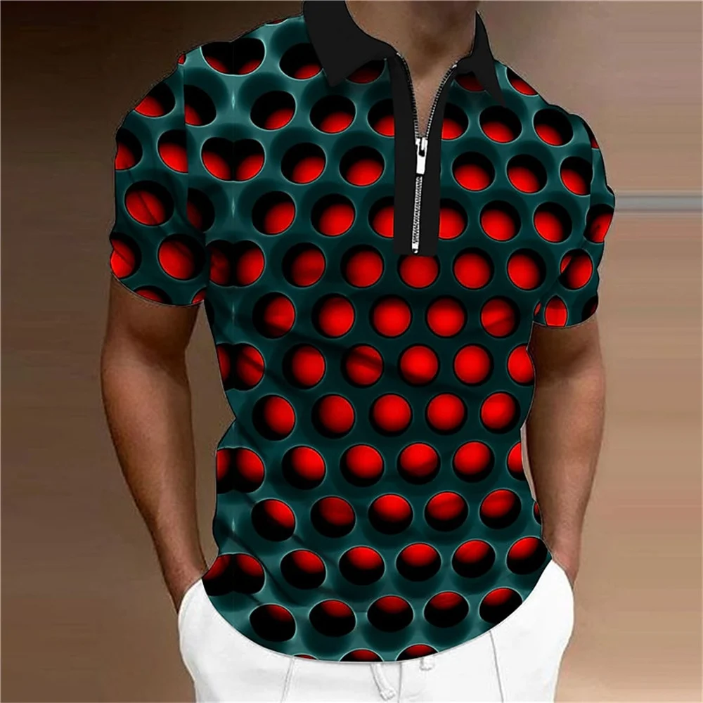 

Summer Men Polo Shirt Optical Illusion 3D Print Fashion Lapel Zipper Shirts Oversize Short Sleeve Breathable Tops Casual Outfits