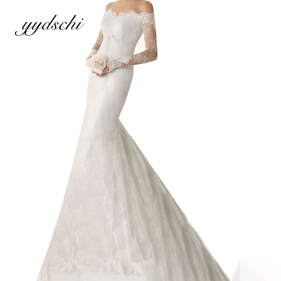 

Strapless Wedding Dress Lace Full Sleeve Sheath Floor Length Sexy Elegant Court Train Simple White Lace Tulle Bridal Dress 2022