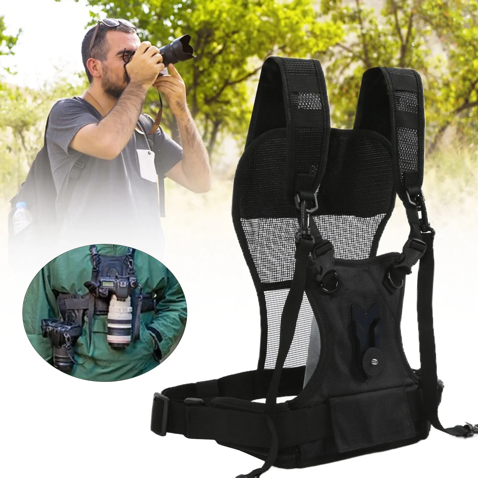 Dual Camera Harness Camera Strap Dual Strap Nylon Comfortable Breathable Adjustable Multi Carrier Chest Harness