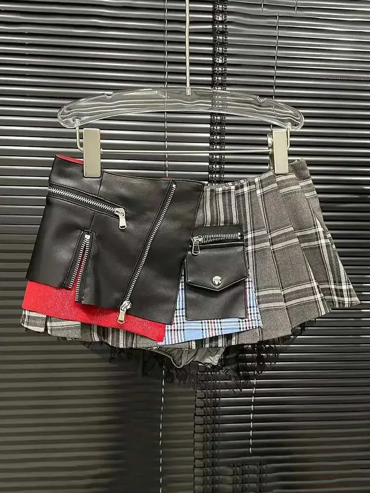 Fashion Trendy Women’s Patchwork Plaid Design Pleated Mini Skirts  Summer New High Waist A-line Skirt Female