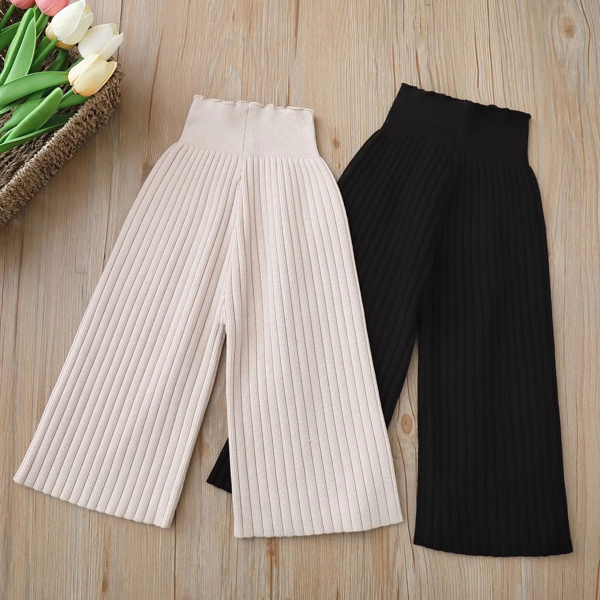 2023 Autumn New Knitted Wide Leg Pants Korean Boys and Girls' Sweater Pants Children Casual Pants Loose Striped Trousers