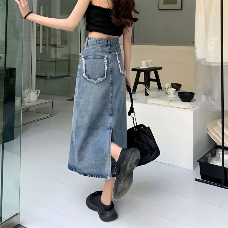 

Women Skirts Back-slit Chic Tassel Aesthetic BF High Street Vintage Female Denim Casual Long Style Faldas Summer A-line Fashion