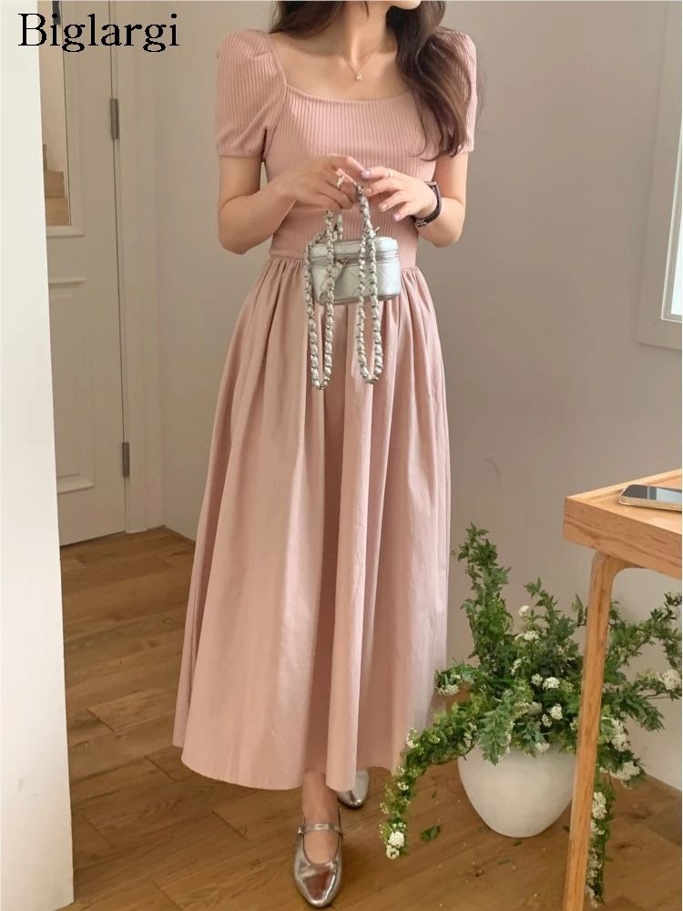 

Женское длинное платье с оборками, свободное Плиссированное розовое платье в Корейском стиле с коротким рукавом, лето