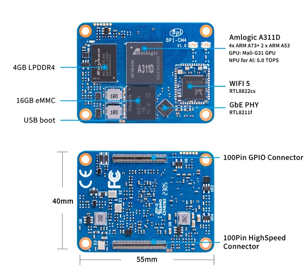 Banana Pi BPI-CM4 Amlogic A311D Quad Core ARM Cortex-A73 4G LPDDR4 16G eMMC Mini