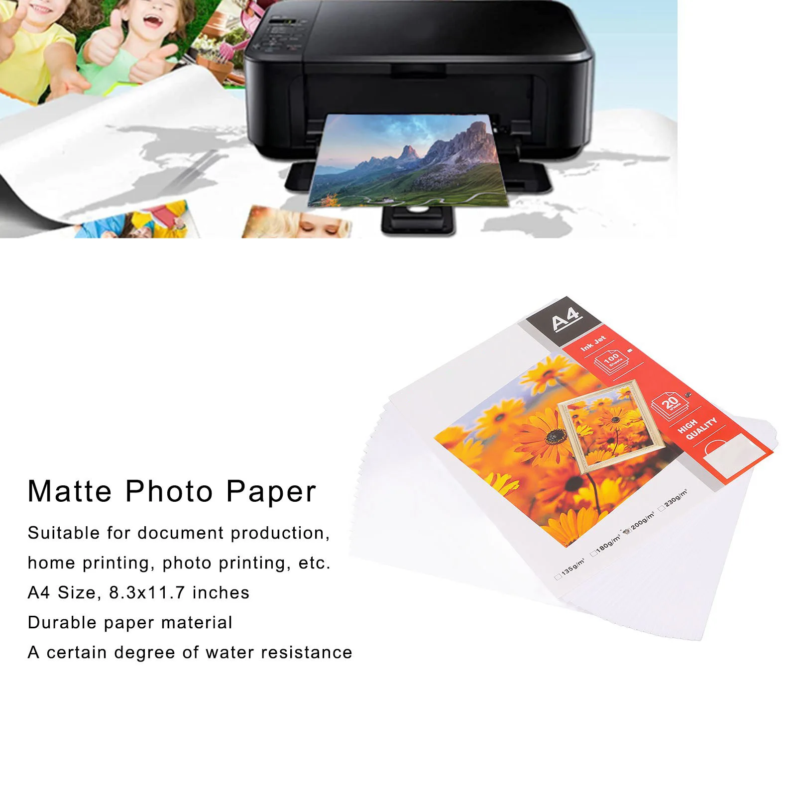 20Pcs Matte Photo Paper Durable Paper A4 8.3x11.7in Glossy Surface Water Resistant High Light Photo Printer Paper