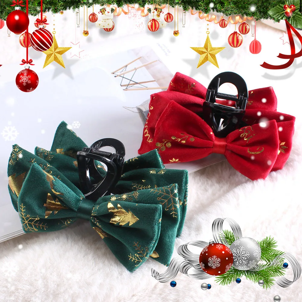 1PC Christmas Bow Hair Claw Velvet With Gold Foil Xmas Patterns, Festive Holiday Party Hair Accessory For Women & Girls