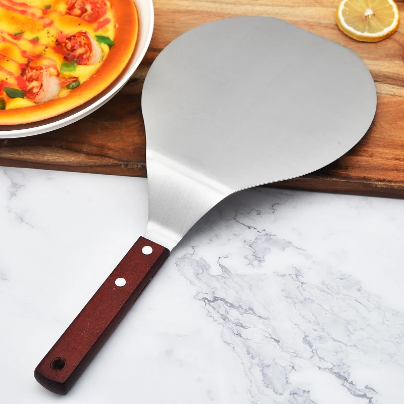 Stainless Steel Pizza Shovel Cypress Wooden Handle Round Non Slip Pot Shovel Cake Mobile Kitchen Oven Baking Paddle