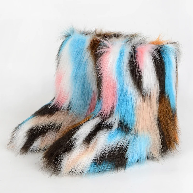 

Женские зимние пушистые меховые сапоги, женские меховые зимние сапоги, плюшевая теплая Уличная обувь для девочек, роскошная разноцветная обувь из искусственного лисьего меха, 2023