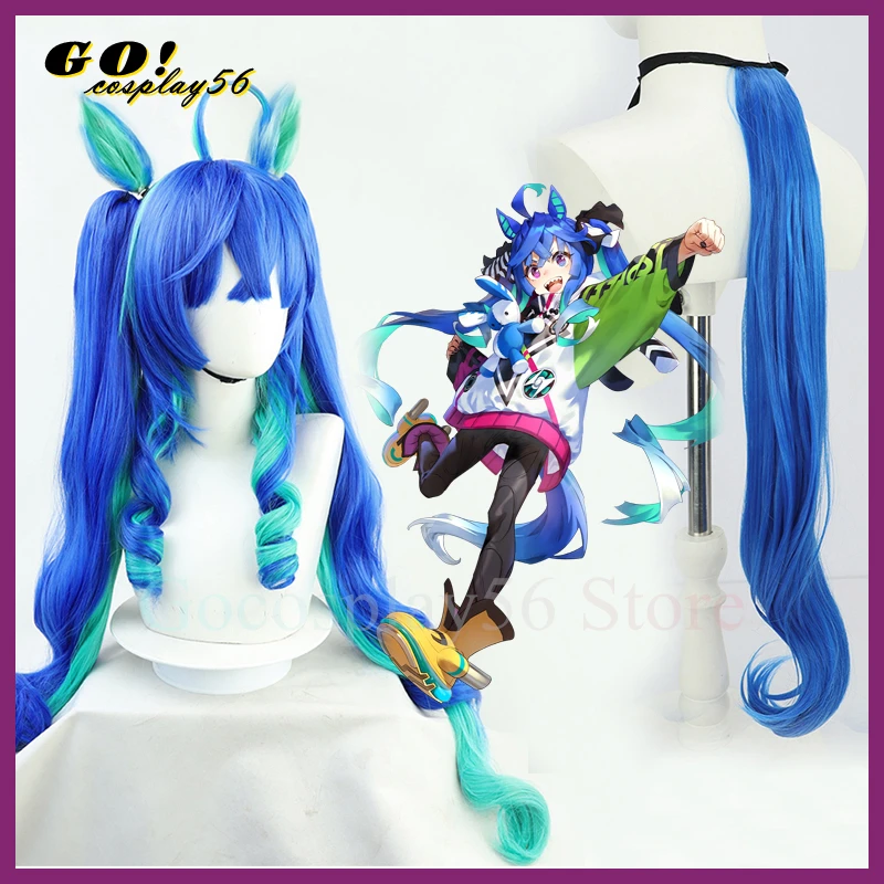 

Derby Twin Turbo Cosplay Wig Ears Tail Curly Ponytails Mixed Blue Hair Women Girls NEW Idol Role Play