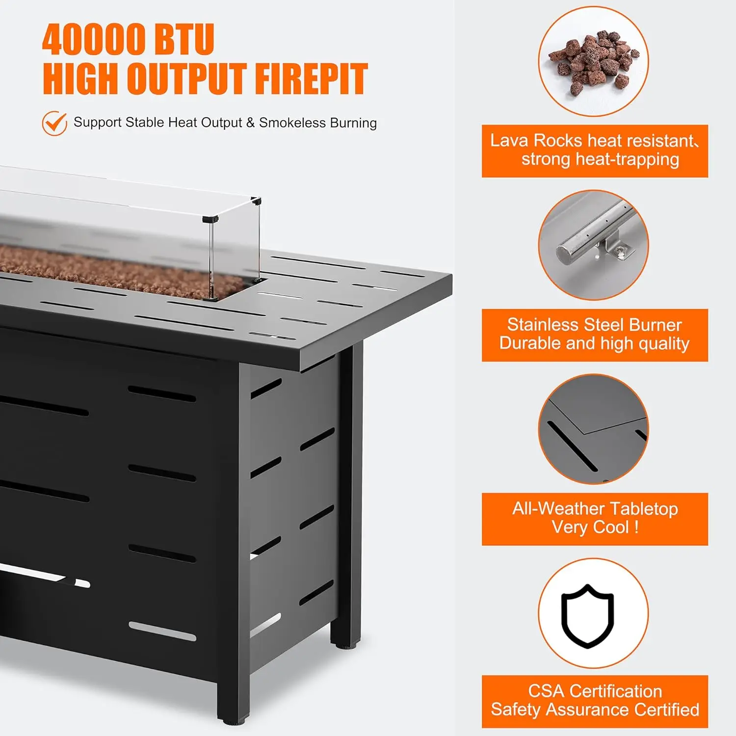 Walsunny 43 inch Outdoor Propane Fire Pit 50,000 BTU Gas Fire Pit Table with Lid, Glass Wind Guard, Waterproof Cover 5