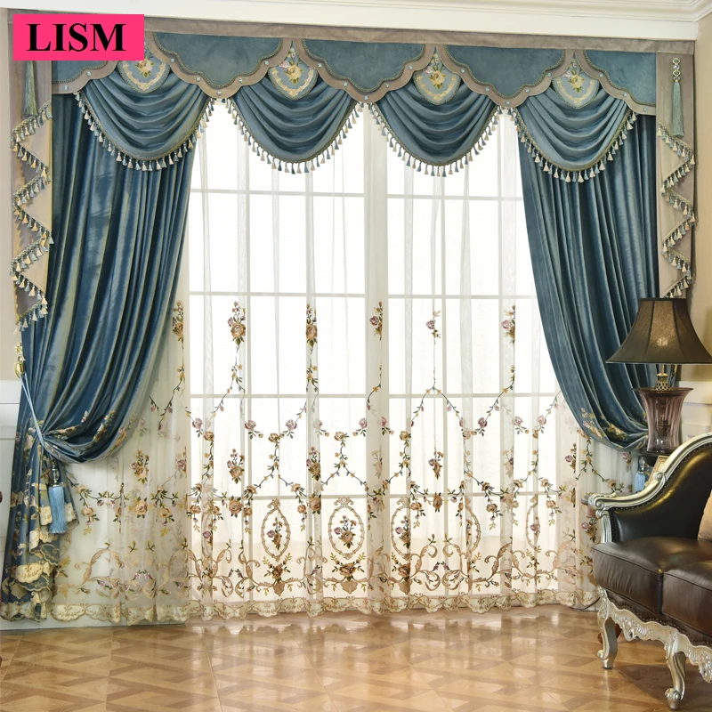 

European Embroidered Curtains for Living Room Bedroom Luxury Villa Blackout Flannel Decor Custom Elegant Valance Tulle Fabric