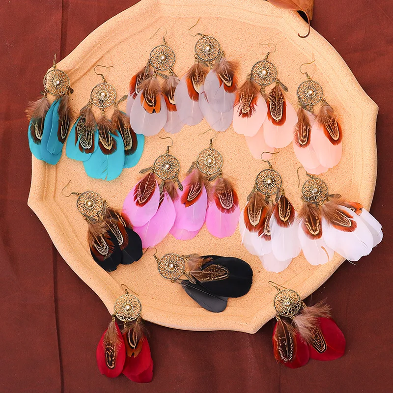 Bohemian Retro Hollow Sunflower Long Feather Dangle Earrings For Women Summer Beach Tassel Drop Earrings Wedding Bride Jewelry