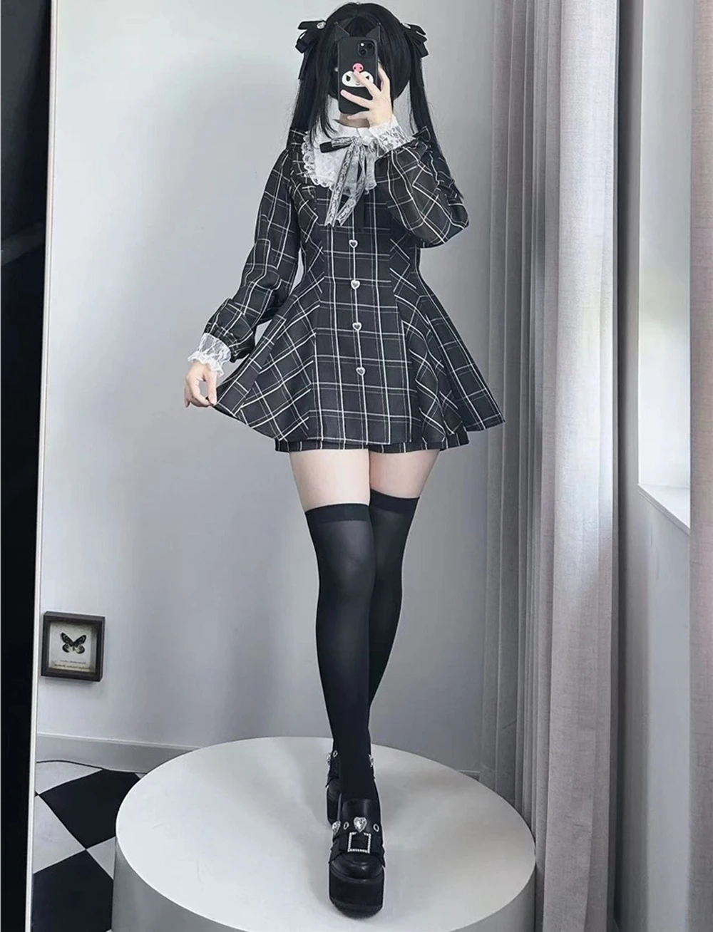 Damen Lolita Kawaii Süßes Spitzen-Patchwork-Karokleid Feenhaftes Grunge Rüschenkleid mit Langen Ärmeln Y2k Ästhetik Lolita Vestidos – Detail 2