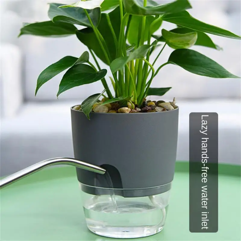 Transparent Double Layer Plastic Flower Pot Self Watering Cotton Rope Watering With Injection Port