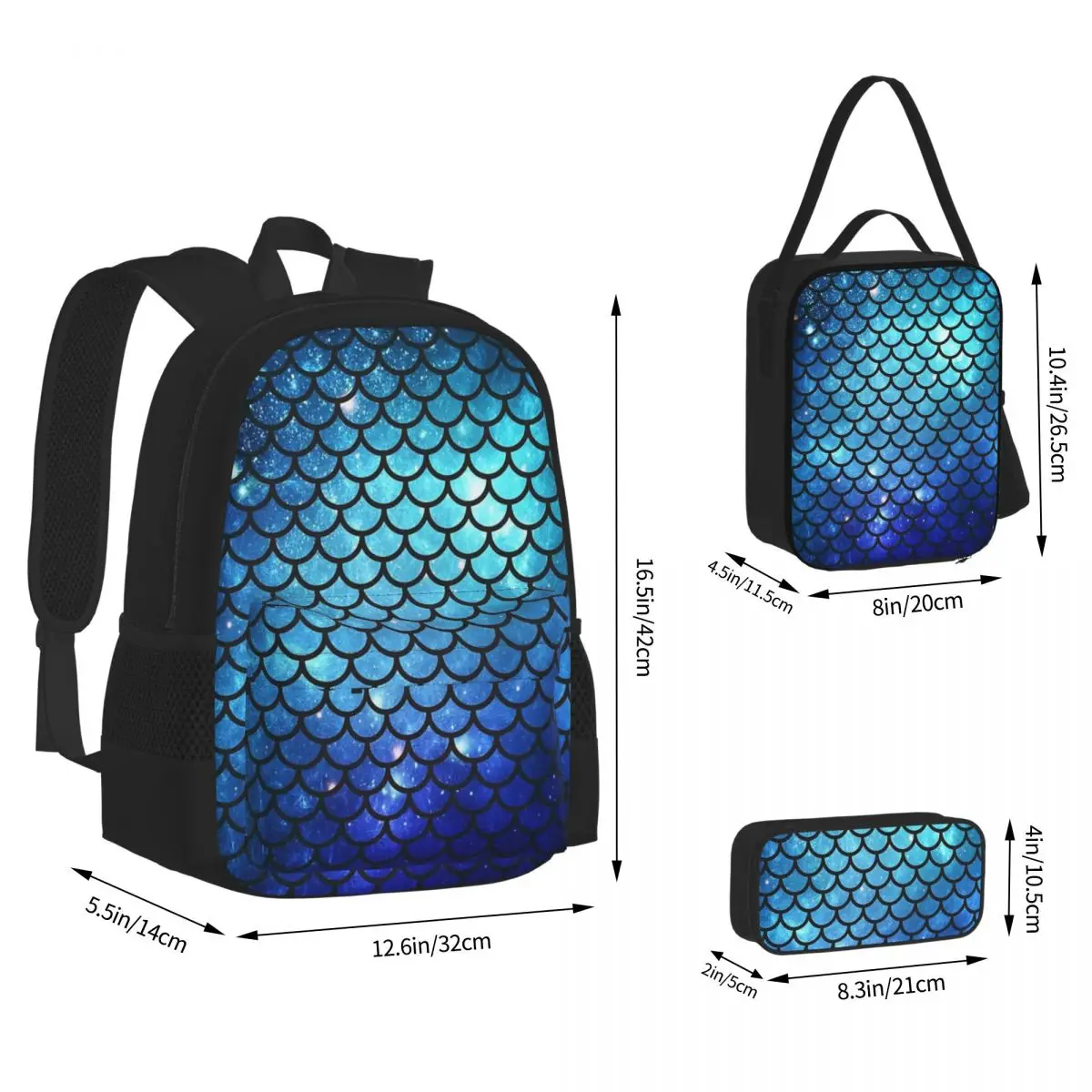 

Mermaid Tail Backpacks Boys Girls Bookbag Students School Bags Cartoon Kids Rucksack Lunch Bag Pen Bag Three-Piece Set