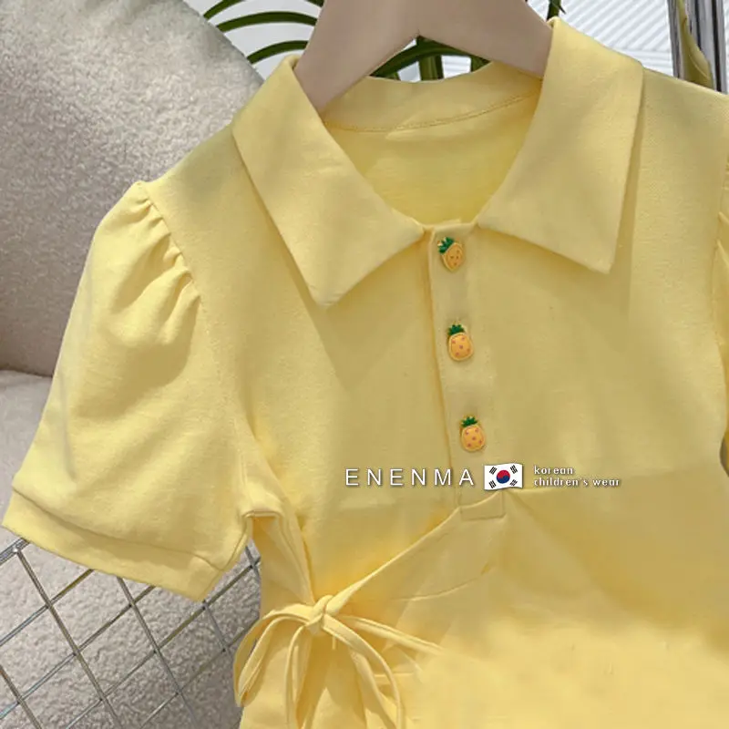 2023 Dress Turn-down Collar Short Sleeve A-line Above Knee Length Pullover Cotton Solid Simple Sweet Fashion Casual Summer Girls