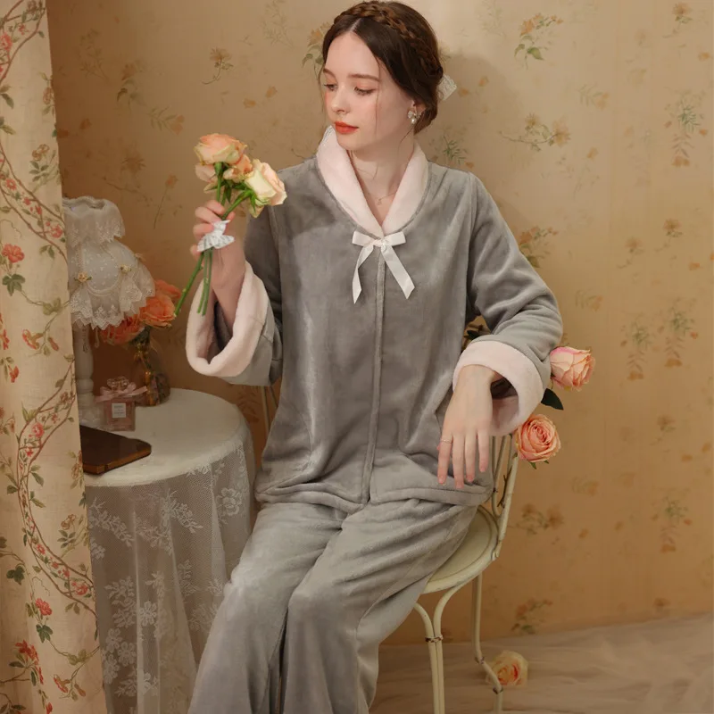 

Winter New Arrival Sleepwear Coral Fleece Sweet Set Long Sleeve Long Pants Thick Loose Cardigan Women's Outerwear Homewear
