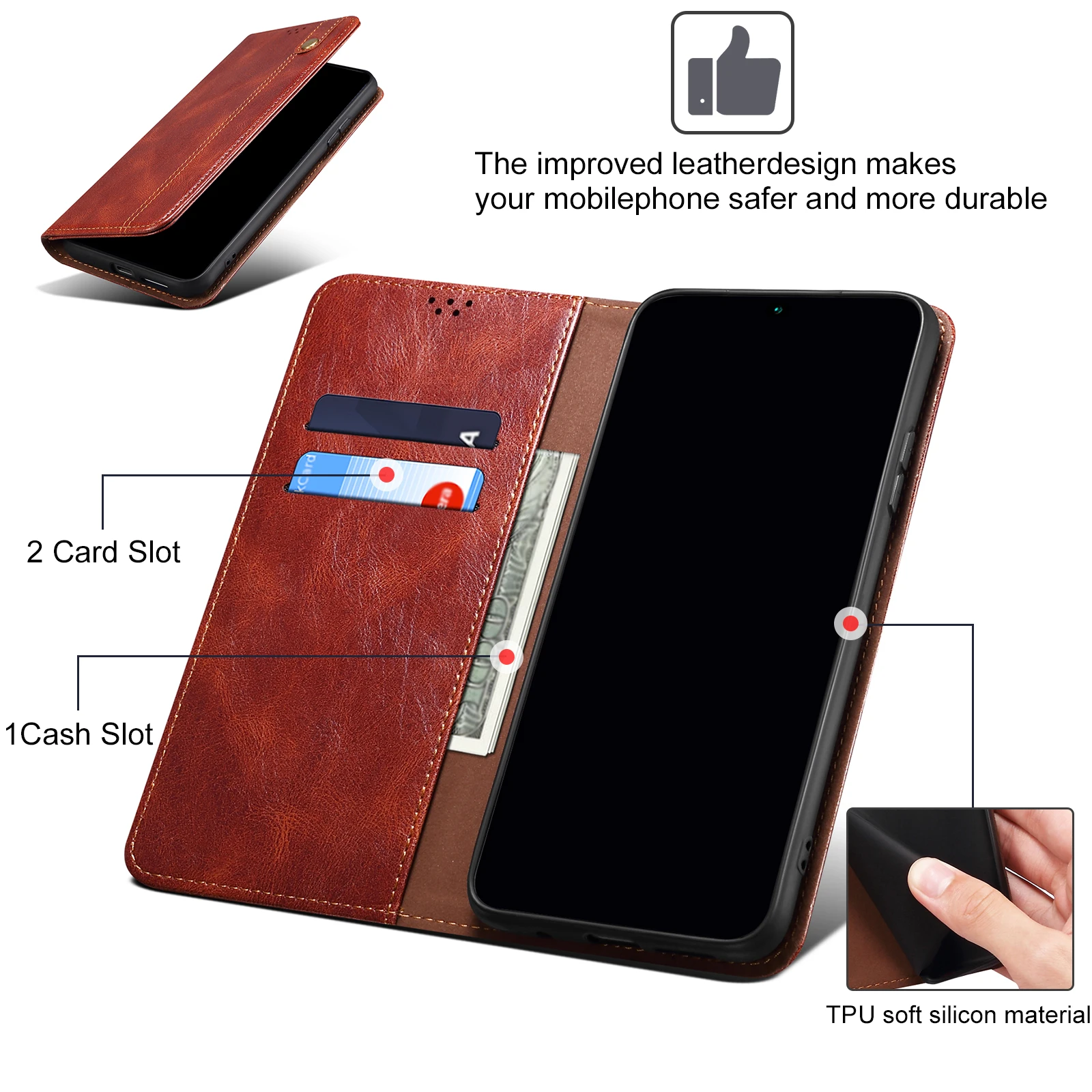 Leather Flip Wallet Case with Card Holder and Protective Cover