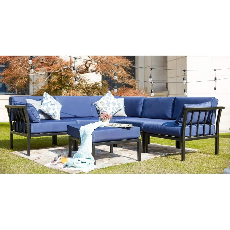 6 piece patio conversation set outdoor furniture sectional sofa with 3 corner couch 2 armless chair and 1 Ottoman, 6pcs, blue Cu