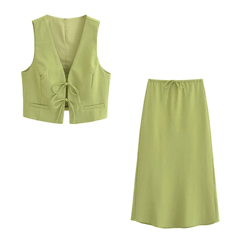 thumbnail image 1 of HH TRAF Conjunto de 2 piezas formado por camiseta sin mangas y chaleco corto, cuello en V, con cordones y cintura alta, informal, ajustado y con falda larga, para mujer, 1 of 5