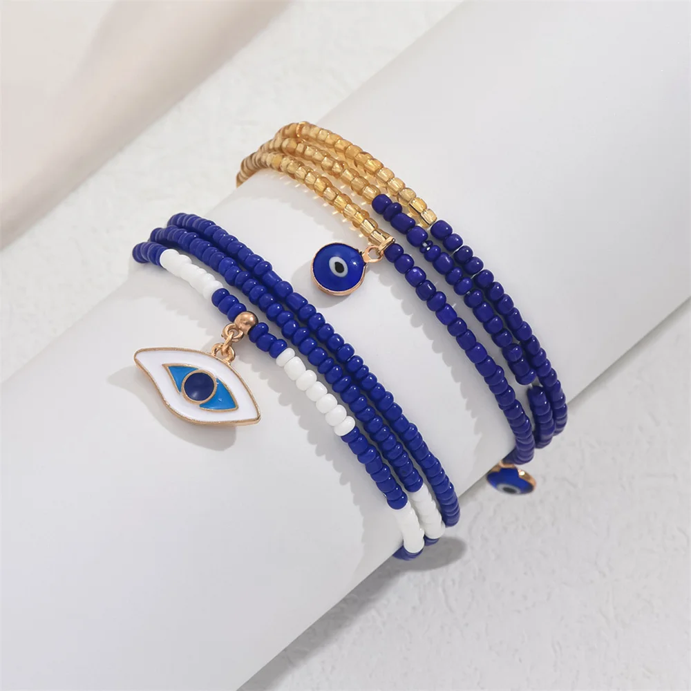 Double Layer Blue Beads Cute Eye Pendant Anklets For Women Gold Color Foot Chain Ankle Bracelet Beach Jewelry Summer Accessories