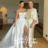 Customized Simple Stain Strapless Pleats A-Line High Side Slit Wedding Dress Pastoral Sleeveless Boat Neck Backless Lace Up 2025 2