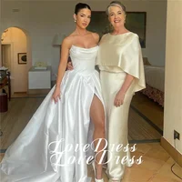 Customized Simple Stain Strapless Pleats A-Line High Side Slit Wedding Dress Pastoral Sleeveless Boat Neck Backless Lace Up 2025 2